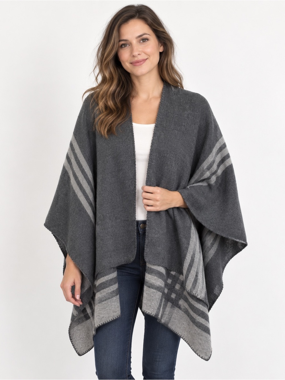 BB Dakota Gray Plaid Open Front Poncho Cape Wrap Blanket Cardigan